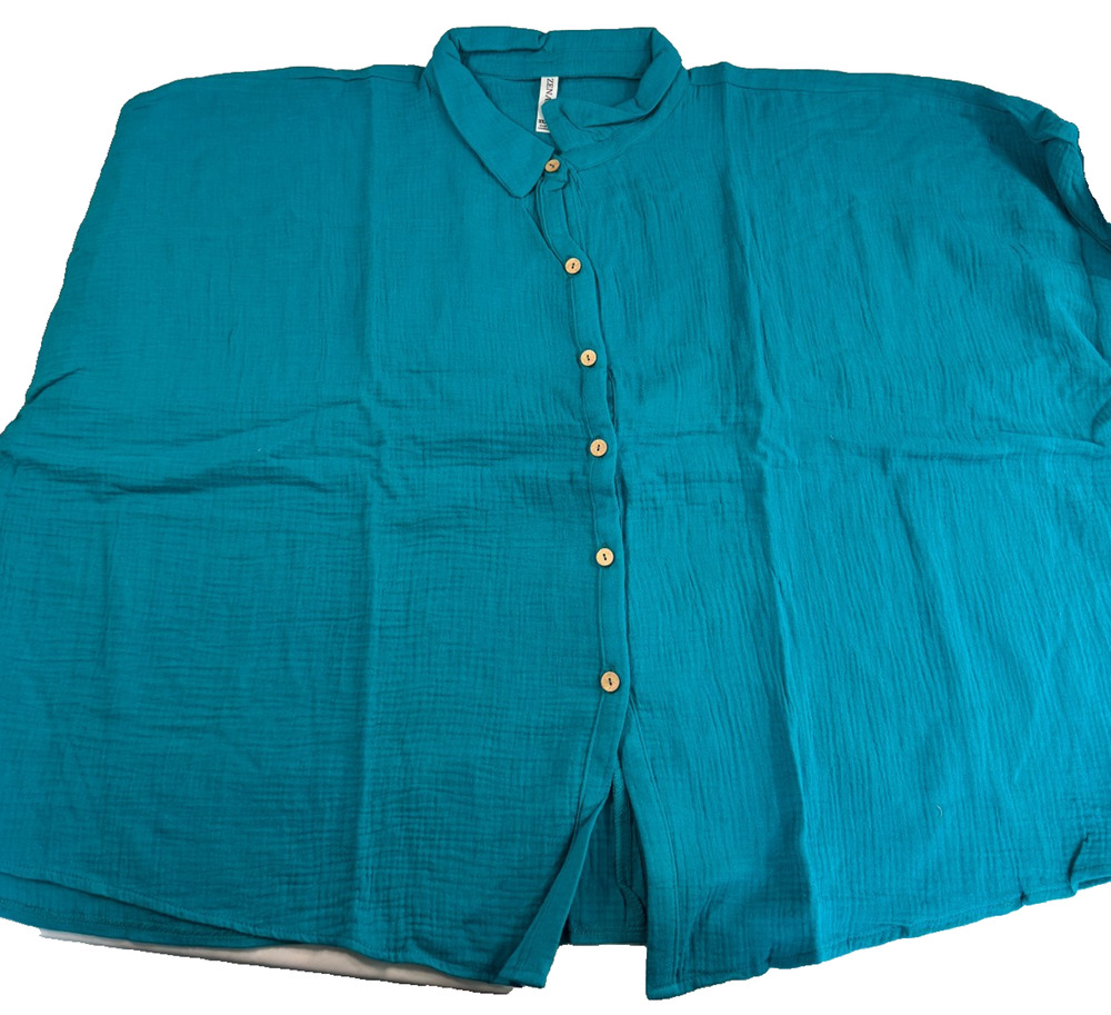 Zenana Teal Cotton Gauze Button Front Collared Shirt Oversized 1X/2X NWT